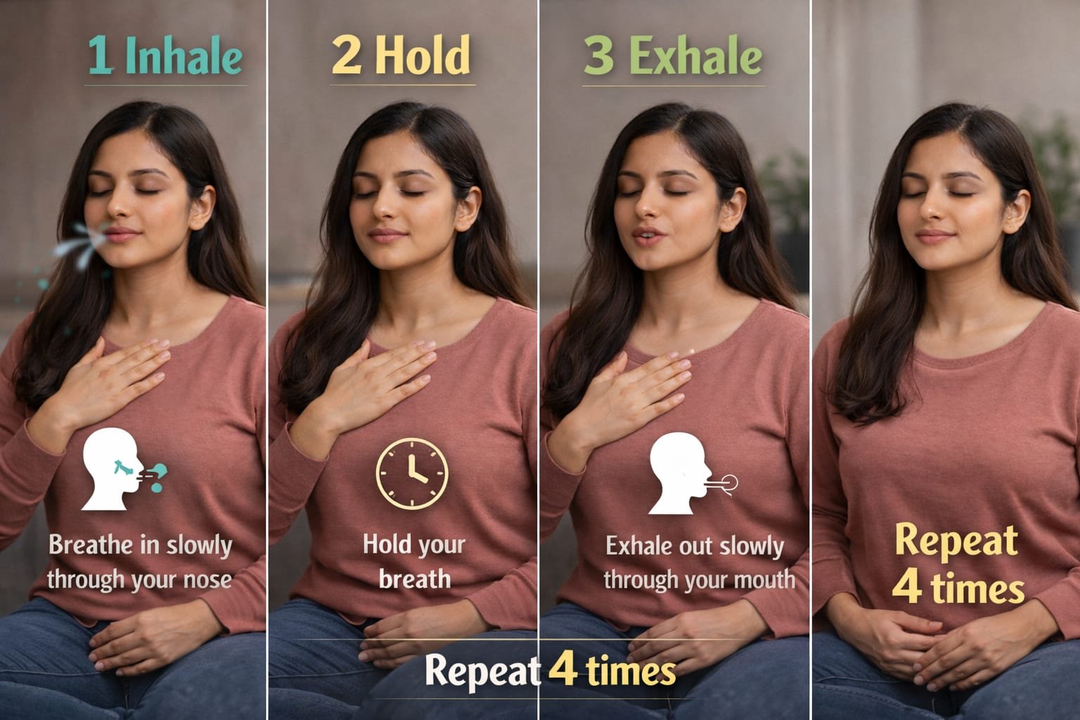 Person practicing 4-7-8 breathing technique to calm the mind and reduce stress