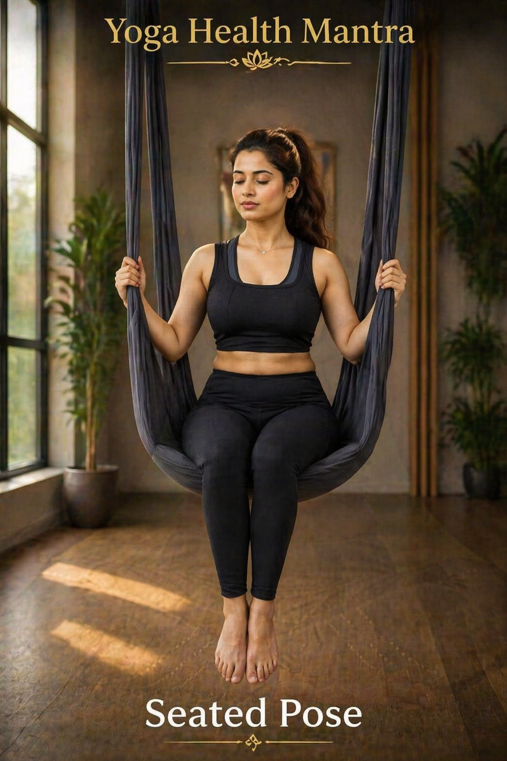 Seated aerial yoga pose using hammock with straight spine and relaxed posture