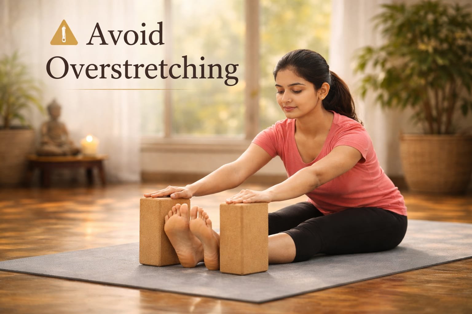Indian girl attempting a forward bend using props for safe stretching, text overlay: 'Avoid Overstretching'.