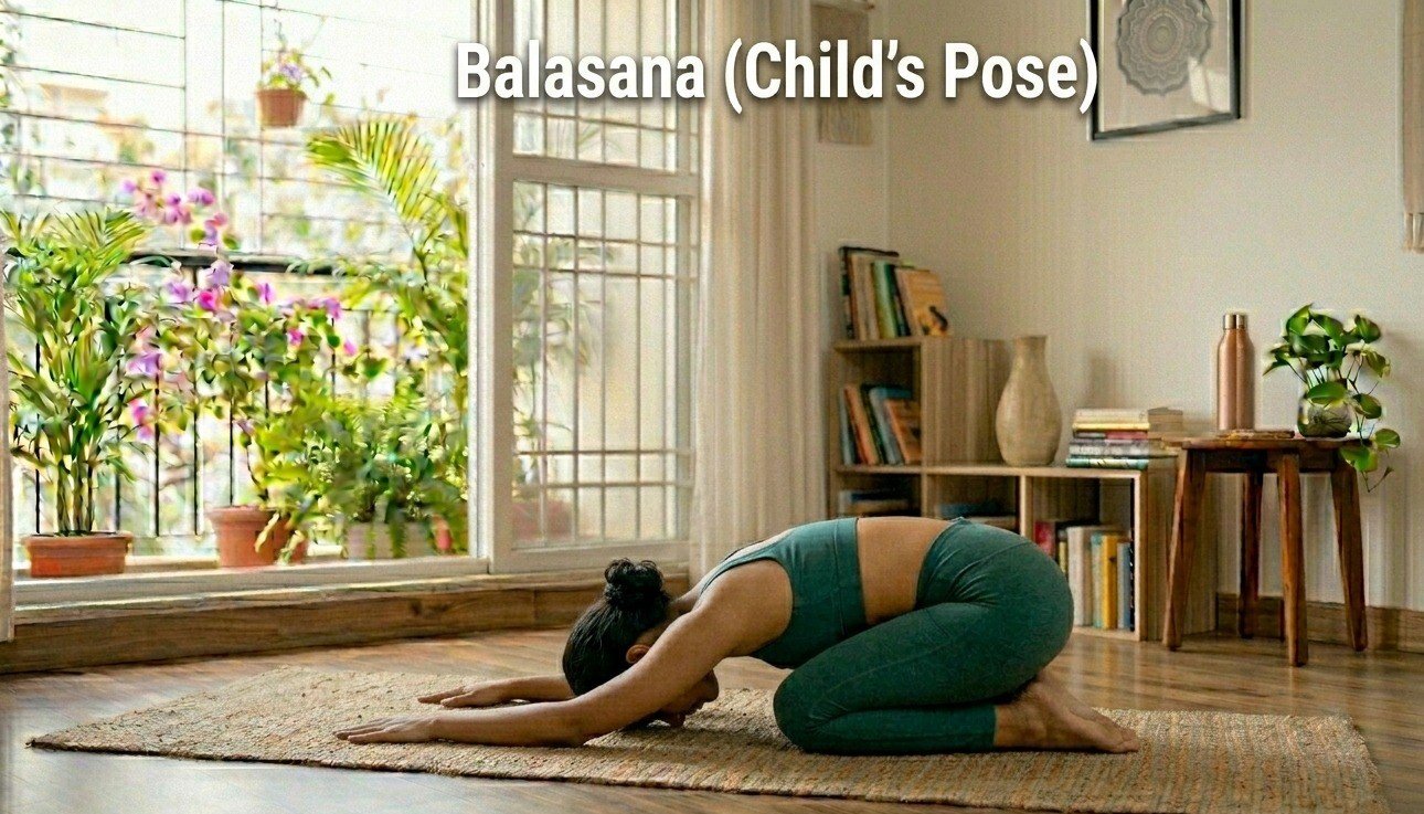 Woman performing Balasana Child Pose resting on yoga mat