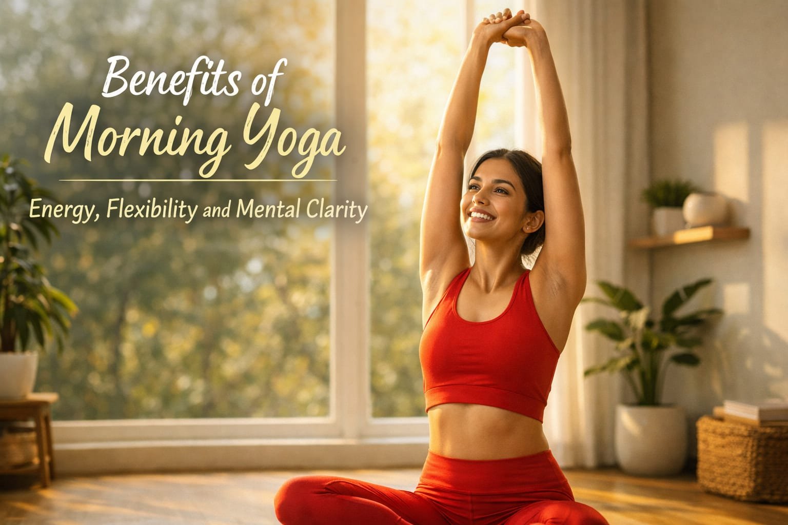 Woman stretching arms upward during morning yoga for flexibility