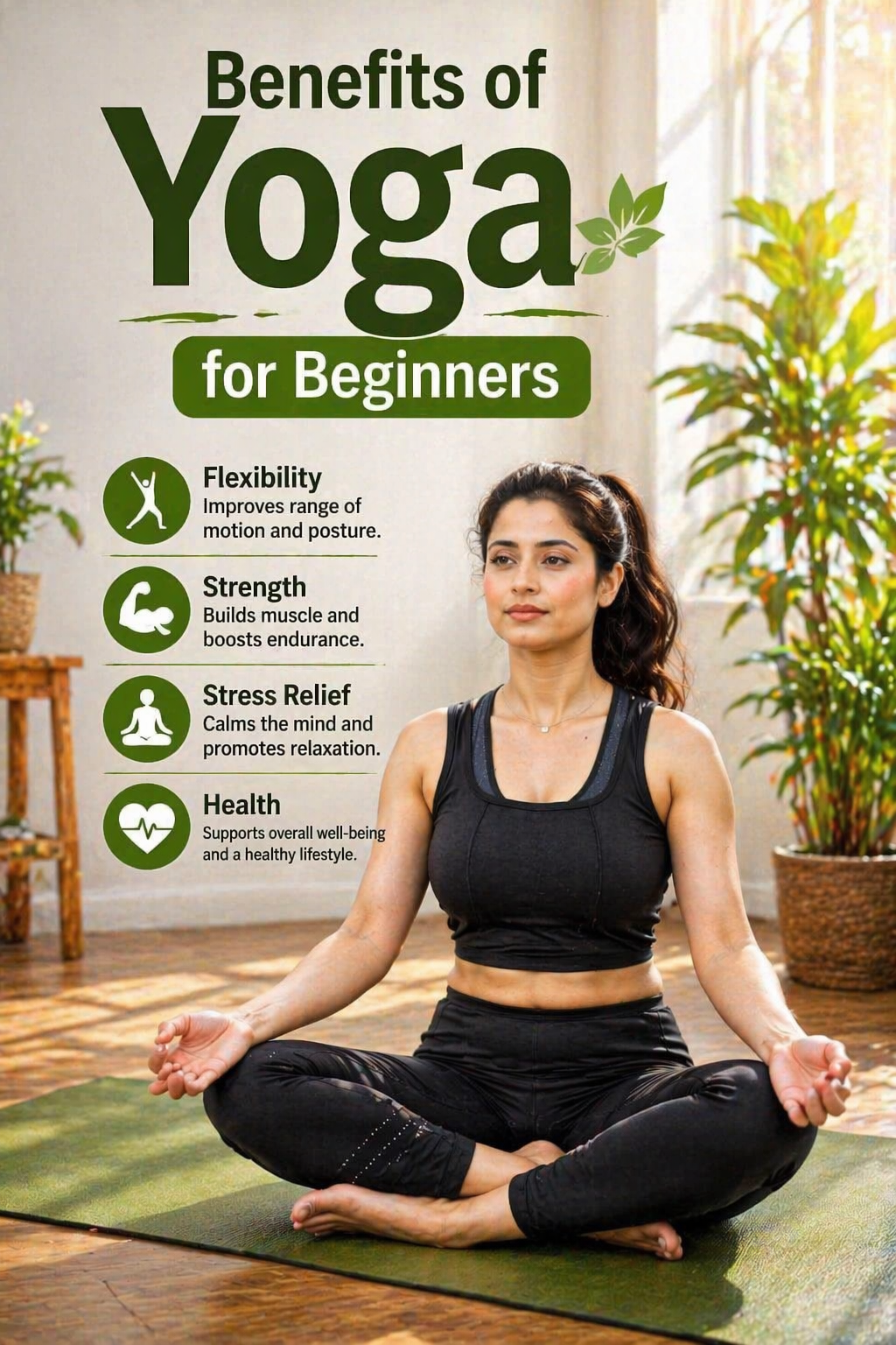 beginner yoga benefits flexibility strength stress relief woman practicing yoga