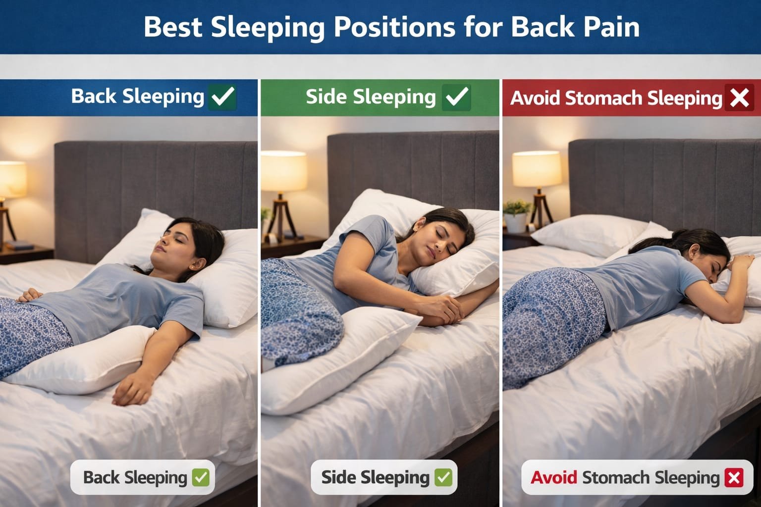 Recommended sleeping positions for reducing back pain including back and side sleeping