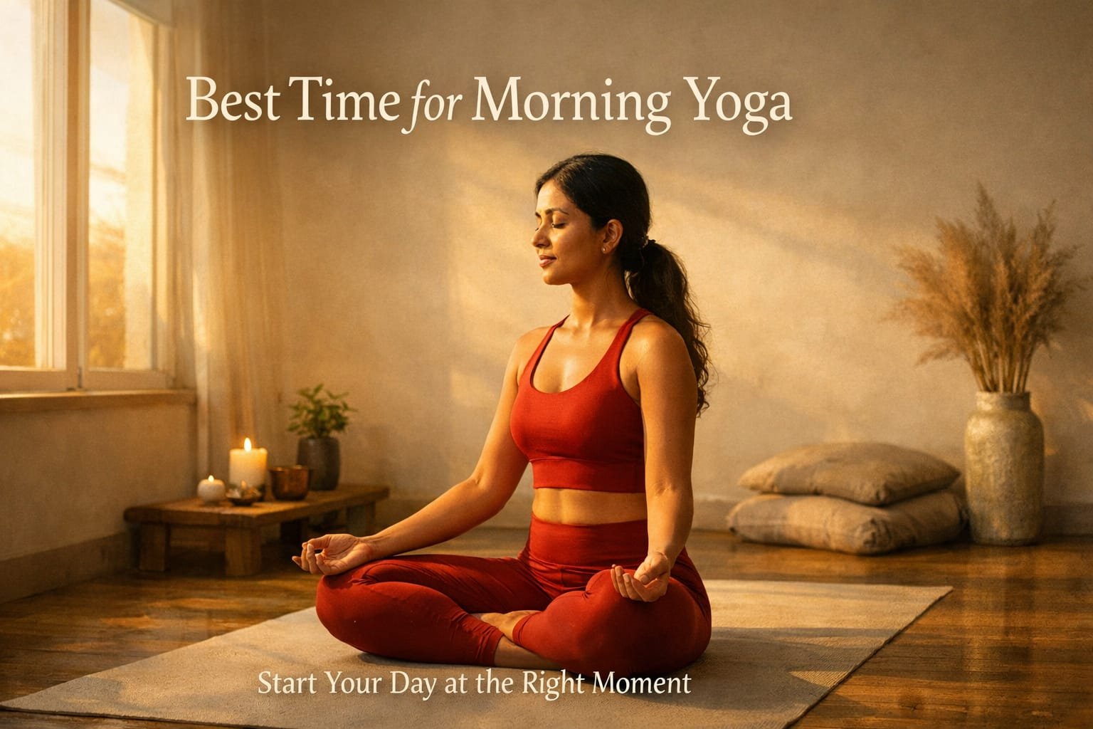 Woman sitting in meditation pose during early morning sunlight