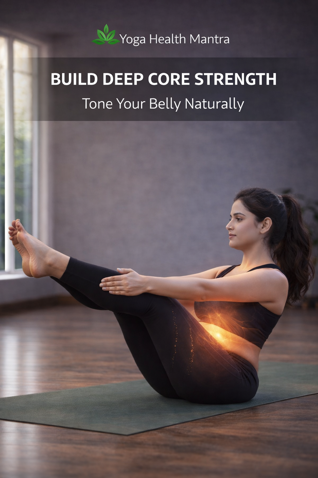 Woman performing Boat Pose Navasana to strengthen core muscles and tone belly naturally