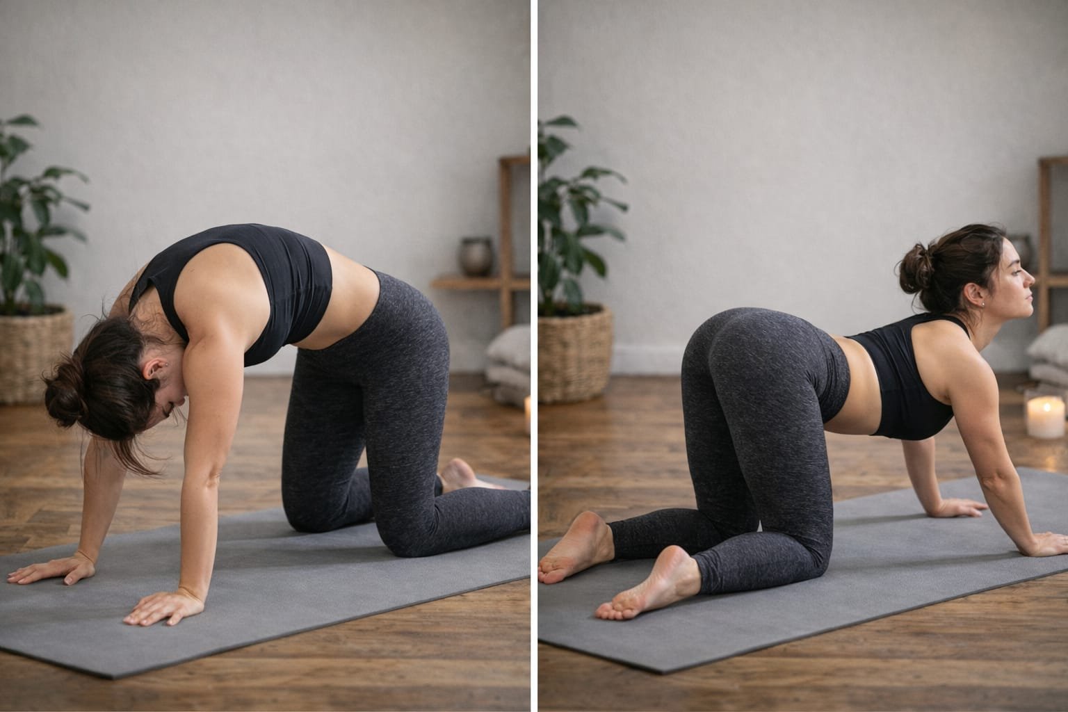 Woman performing Cat-Cow Pose (Marjaryasana-Bitilasana) on a yoga mat in a bright studio, demonstrating spinal flexibility and gentle stretching.