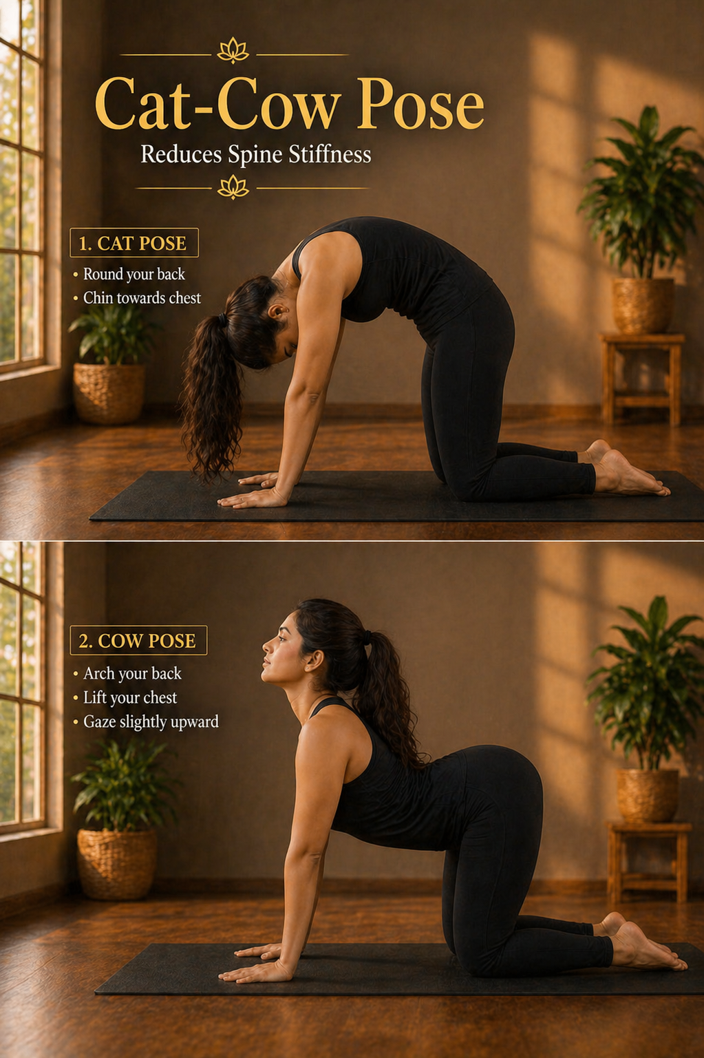 cat cow yoga pose improving spine movement and reducing stiffness