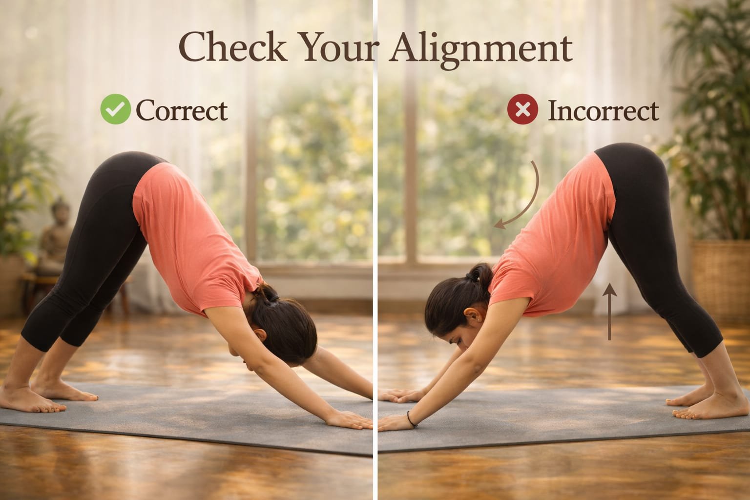 Indian girl showing correct vs incorrect Downward Dog pose, text overlay: 'Check Your Alignment'.