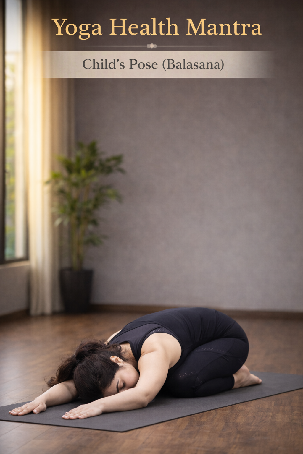 Indian woman practicing Child’s Pose (Balasana) with relaxed posture in yoga studio