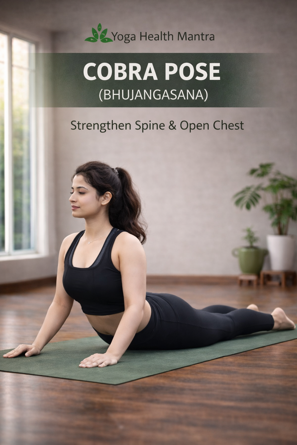 Woman performing cobra pose yoga to strengthen spine and stretch abdomen