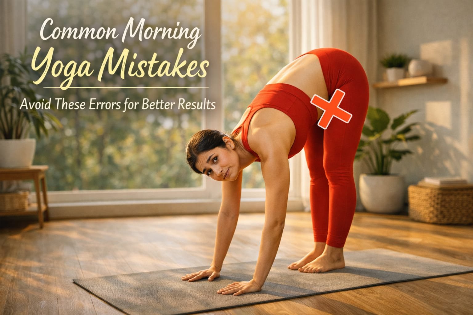 Woman performing incorrect yoga posture showing common yoga mistakes