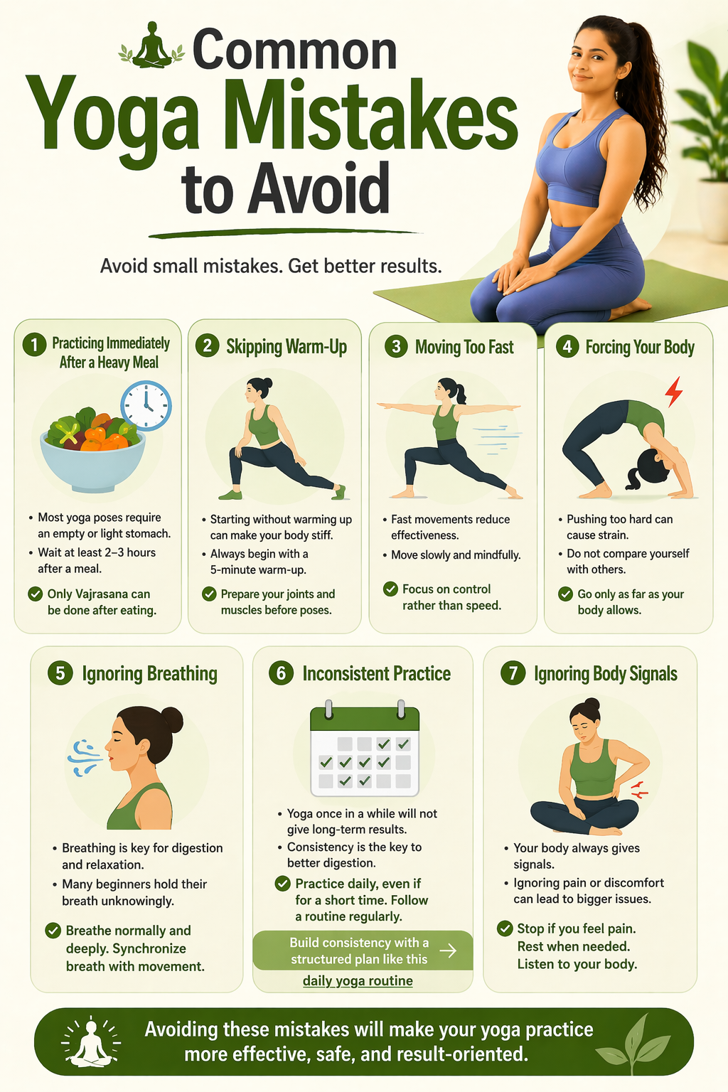common yoga mistakes to avoid infographic showing breathing errors posture mistakes and beginner yoga tips