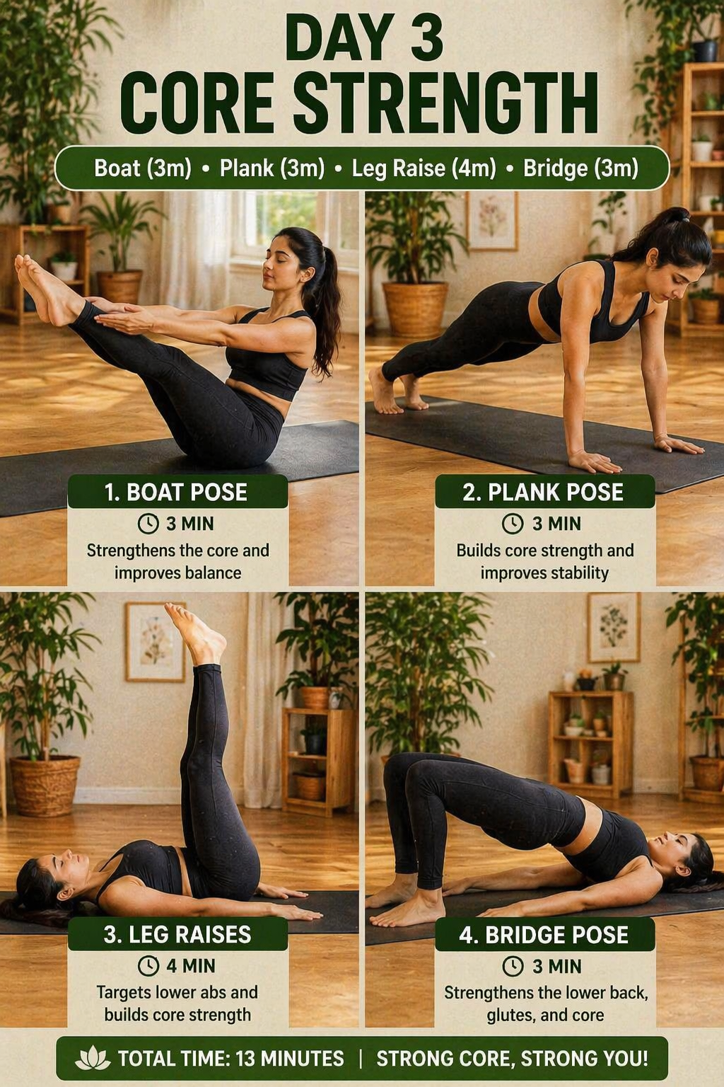 Indian woman doing boat plank leg raise and bridge yoga poses for core strength