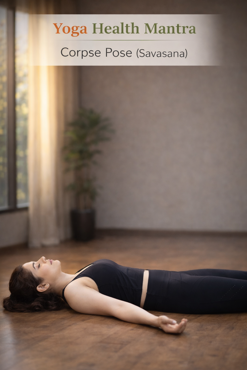 Indian woman lying in Corpse Pose (Savasana) with relaxed body and closed eyes in yoga studio