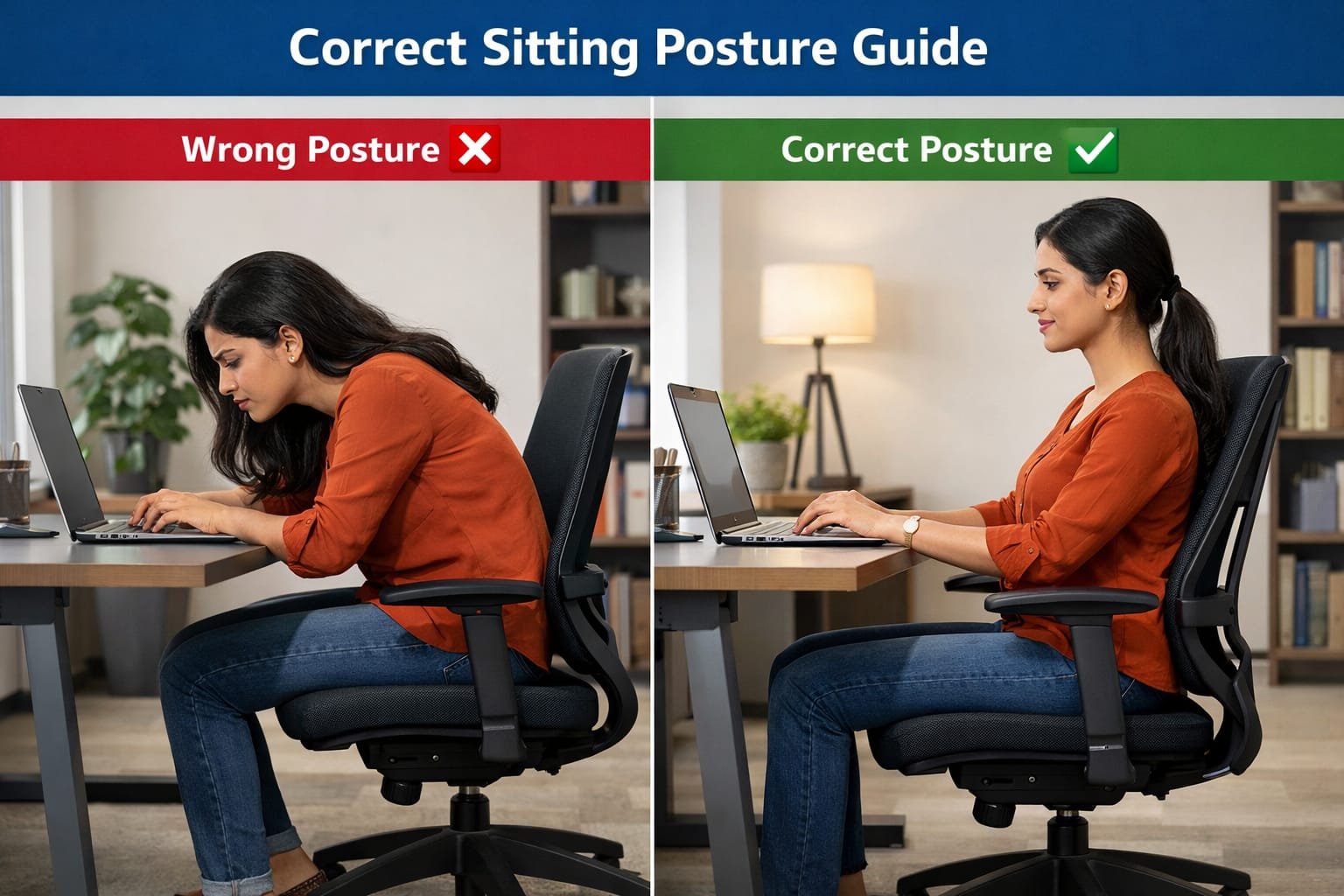 Comparison of correct and incorrect sitting posture at desk using laptop
