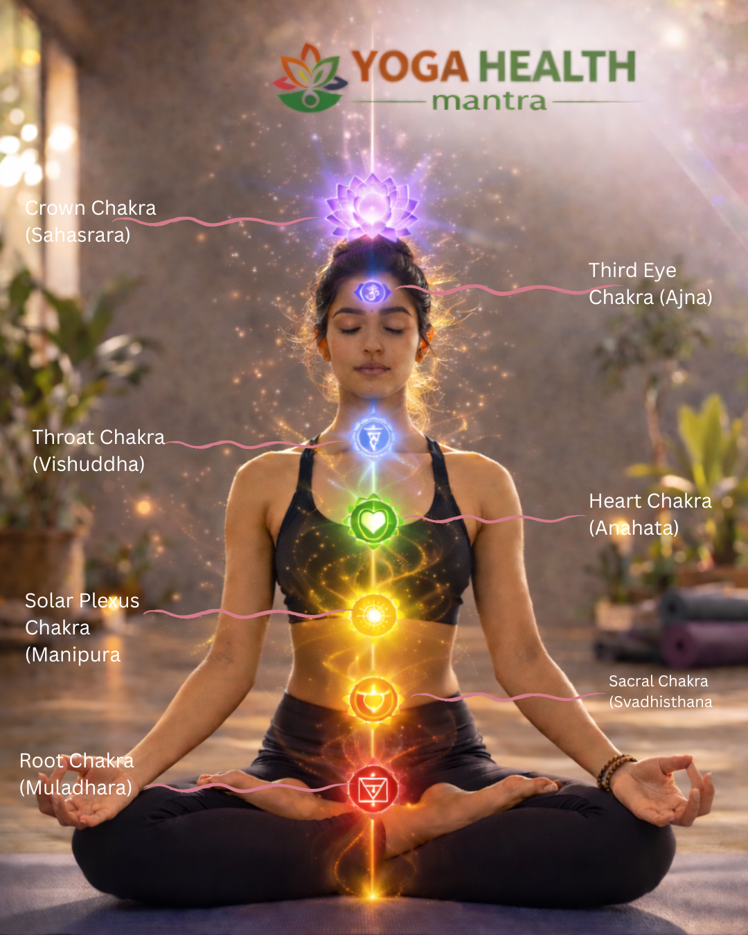 Woman meditating with glowing Crown Chakra (Sahasrara) energy at top of head with all seven chakras aligned