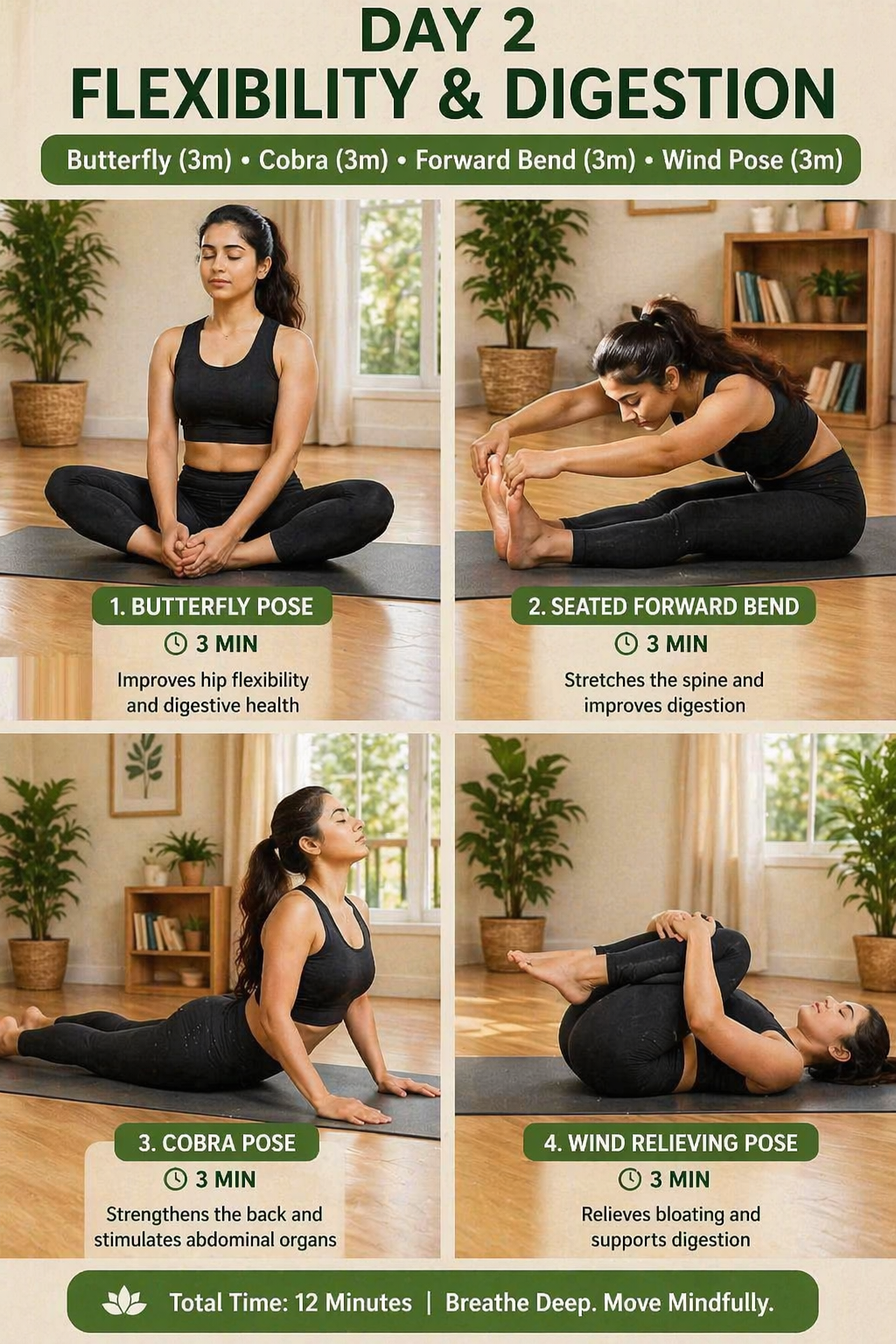 Indian woman performing butterfly cobra forward bend and wind relieving yoga poses