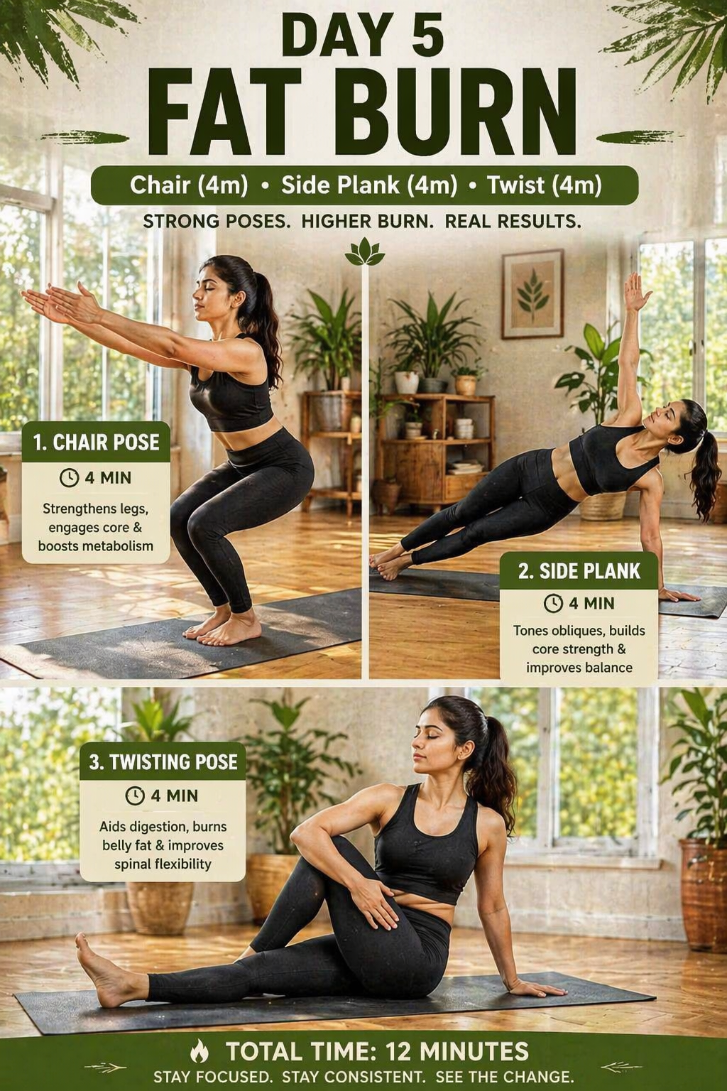 Indian woman doing chair pose side plank and twisting yoga poses