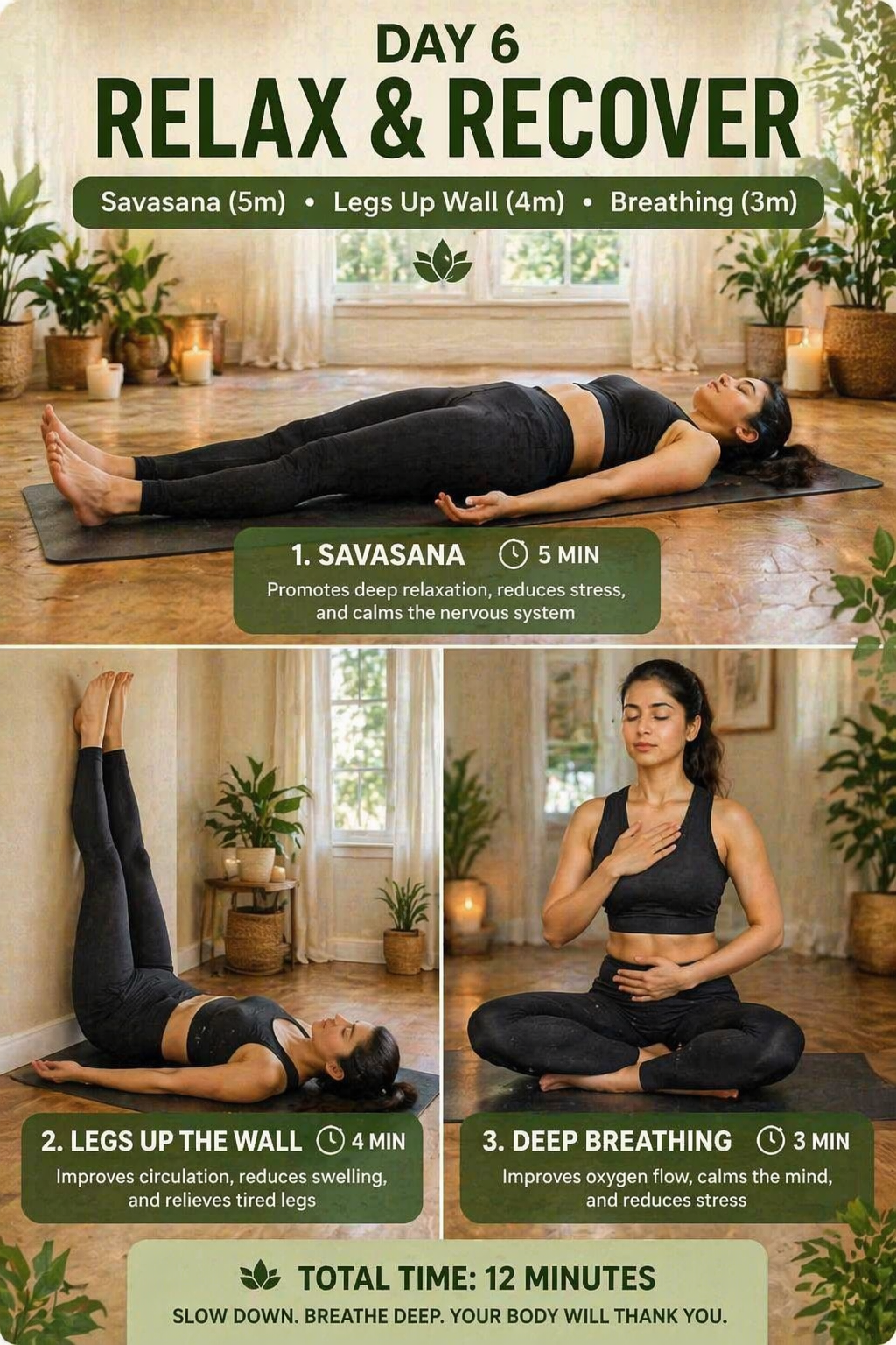 Indian woman lying in savasana legs up wall and breathing yoga poses