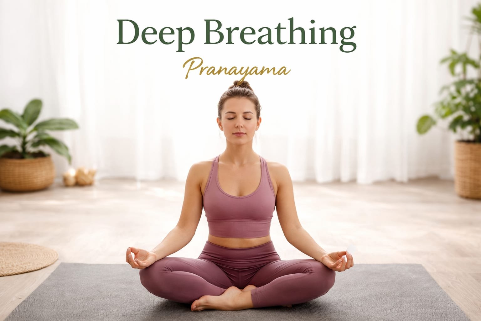 Woman sitting cross-legged on a yoga mat practicing Deep Breathing (Pranayama), eyes closed, hands on knees, a calming and safe practice during menstruation to reduce stress and promote relaxation.