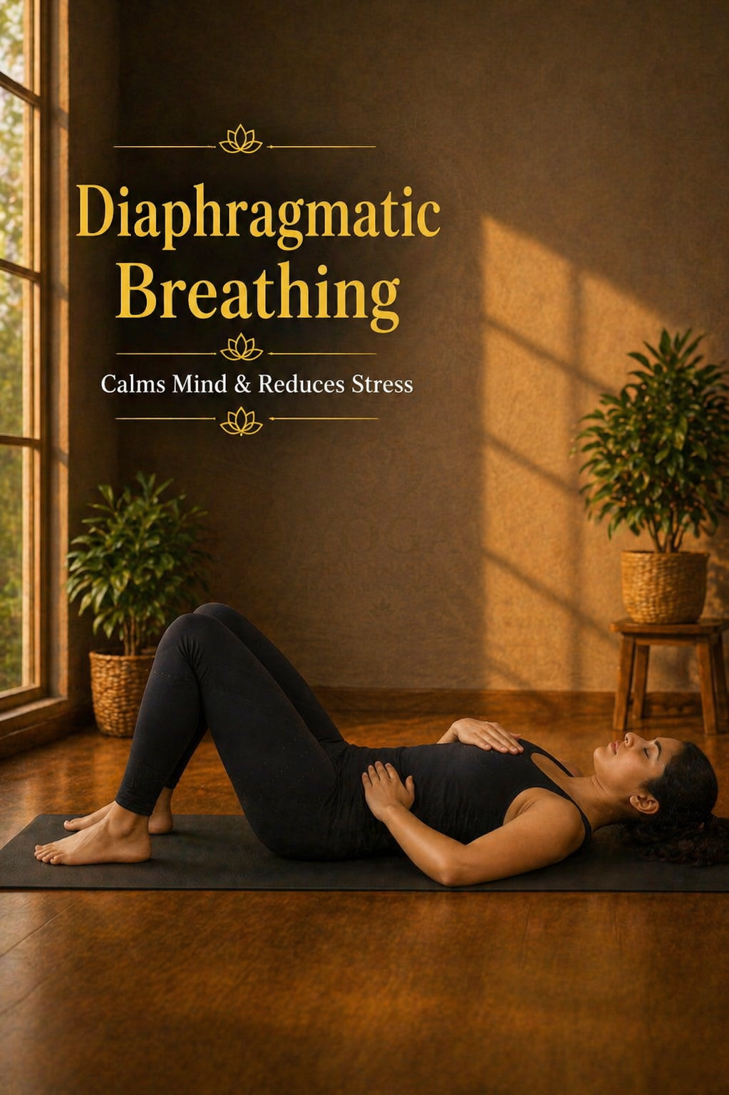 Diaphragmatic breathing yoga technique lying on back with hands on chest and belly for stress relief and relaxation