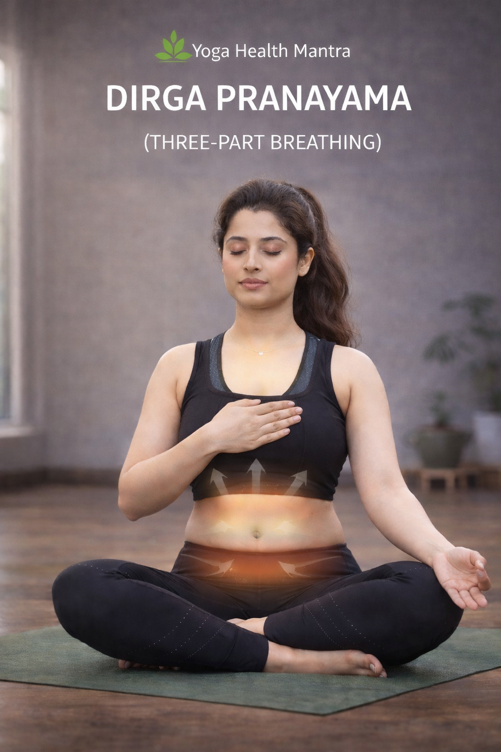 Woman practicing Dirga pranayama three-part breathing to reduce stress and balance hormones naturally
