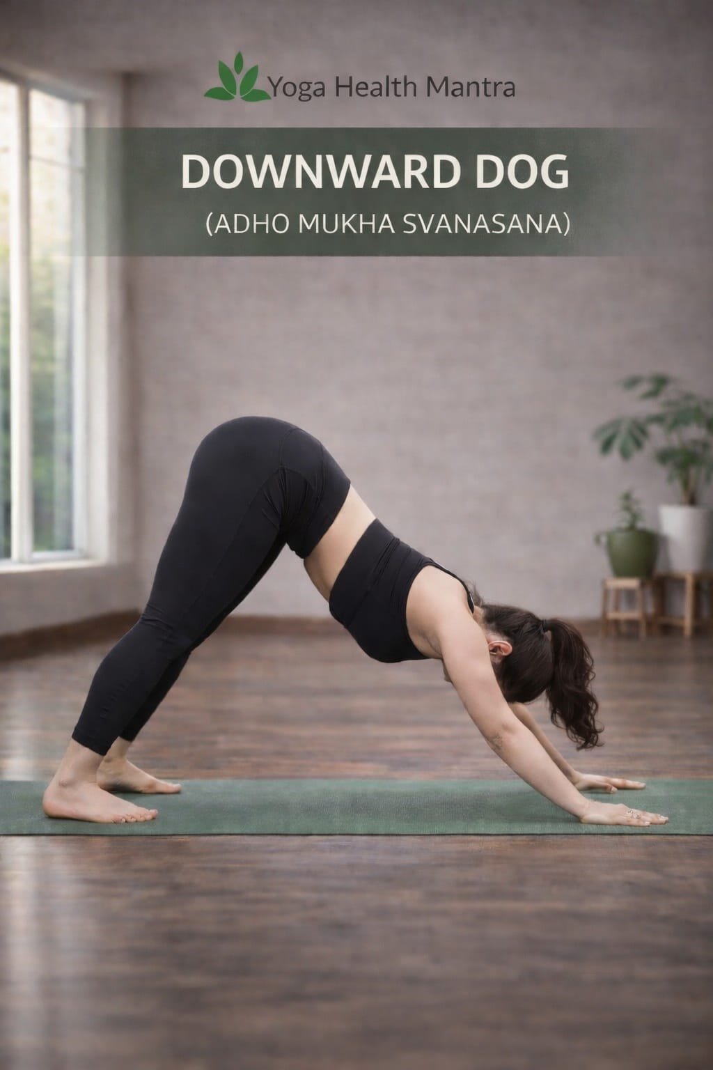 Woman performing Downward Dog yoga pose to stretch body and reduce belly fat
