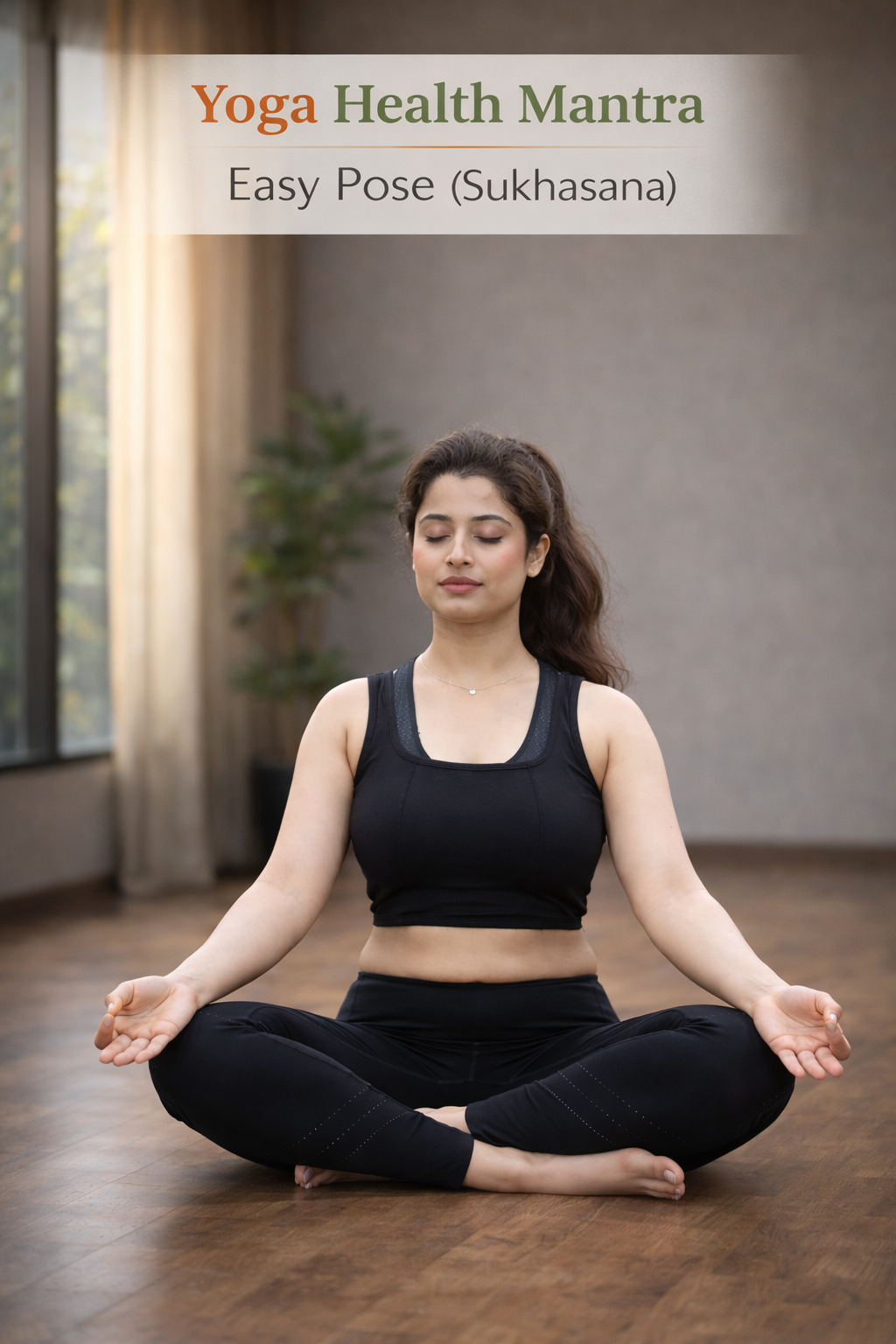 Indian woman sitting in Easy Pose (Sukhasana) with straight spine and calm expression in yoga studio