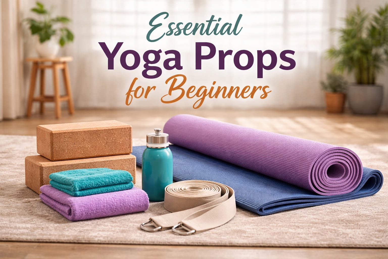 Yoga props (blocks, straps, mats) in bright indoor studio, text overlay: 'Essential Yoga Props for Beginners