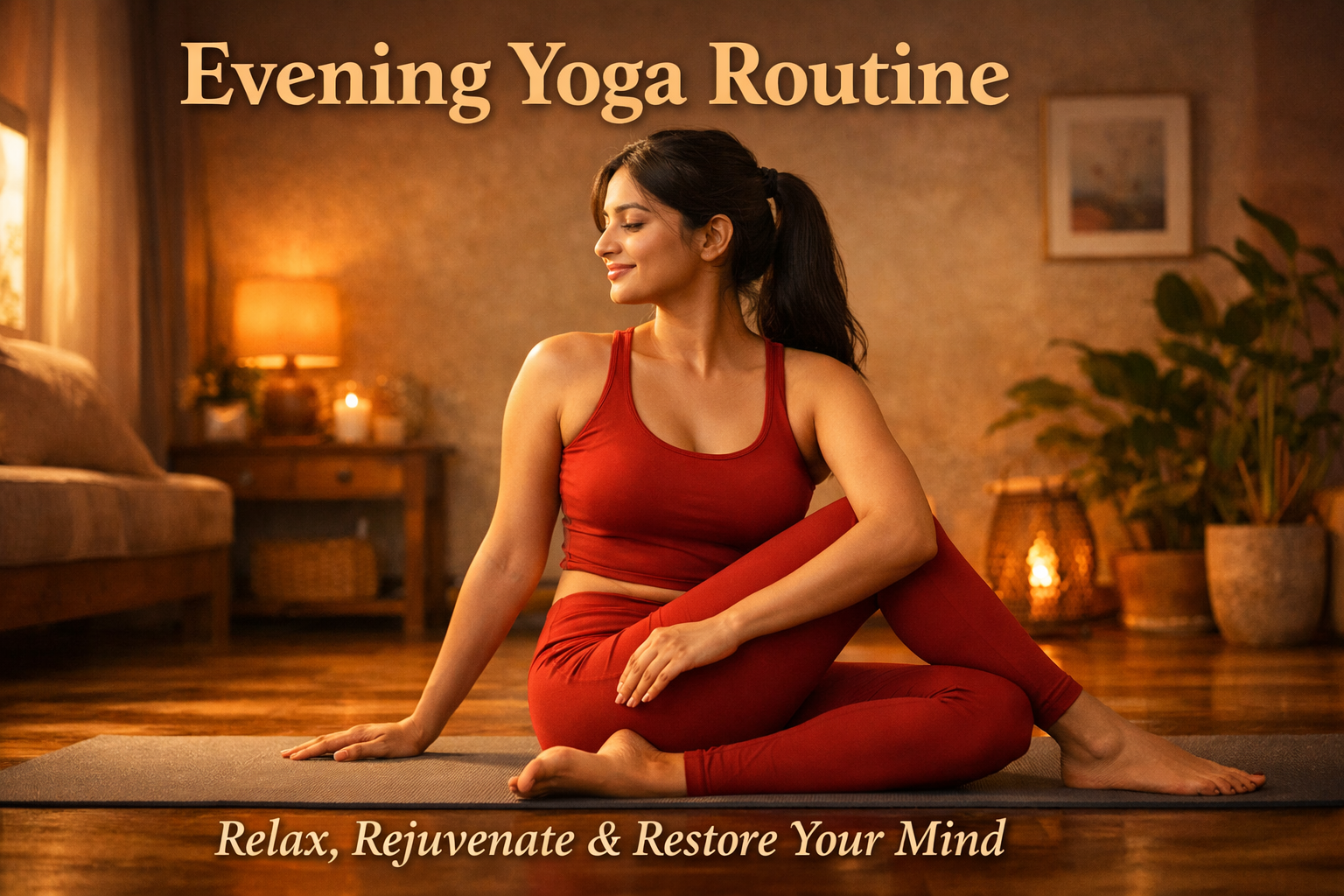 Woman practicing evening yoga on a mat in a cozy living room during sunset with warm lighting and peaceful environment.