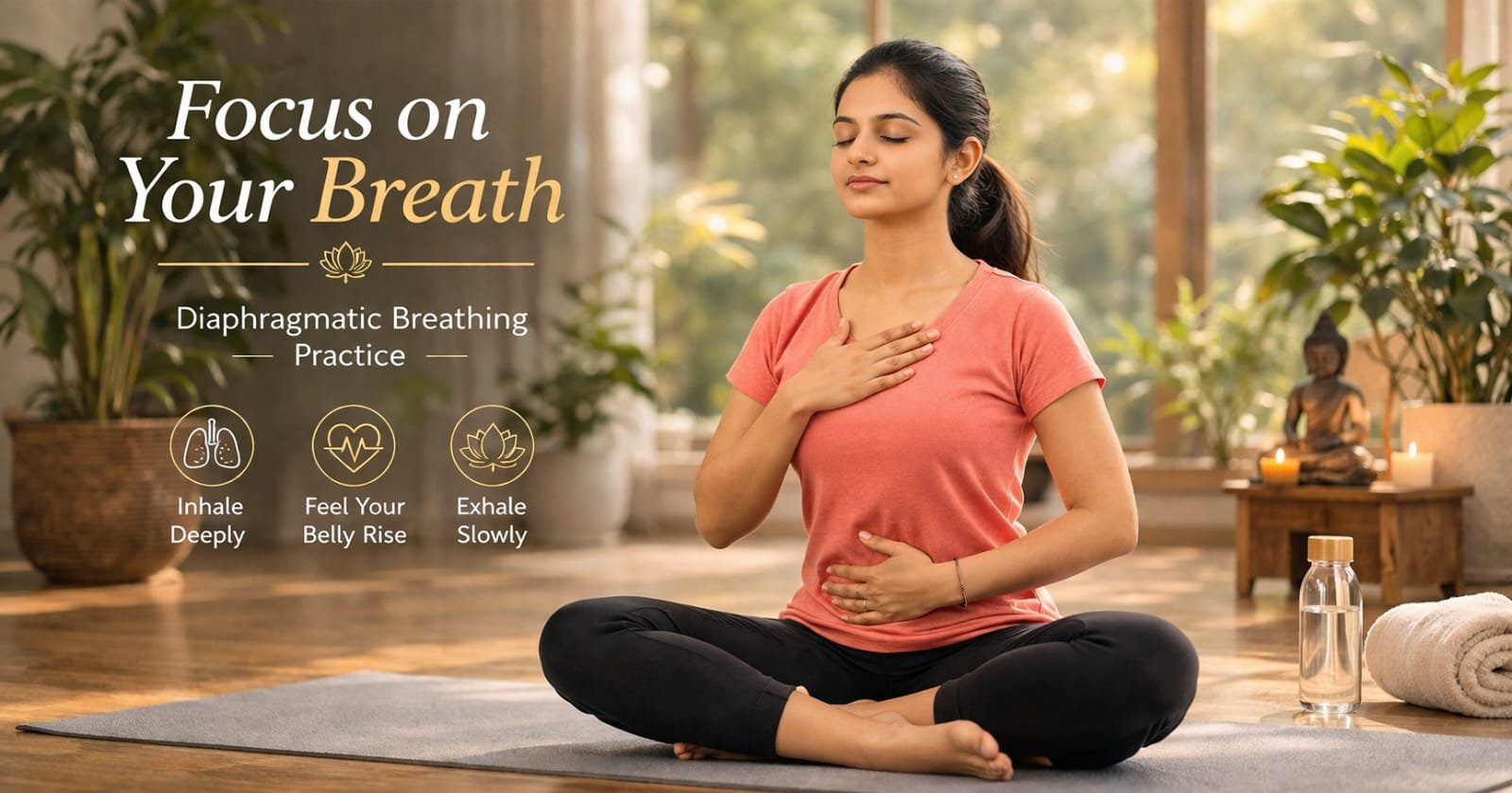 Indian girl seated cross-legged practicing diaphragmatic breathing, indoor serene studio, text overlay: 'Focus on Your Breath