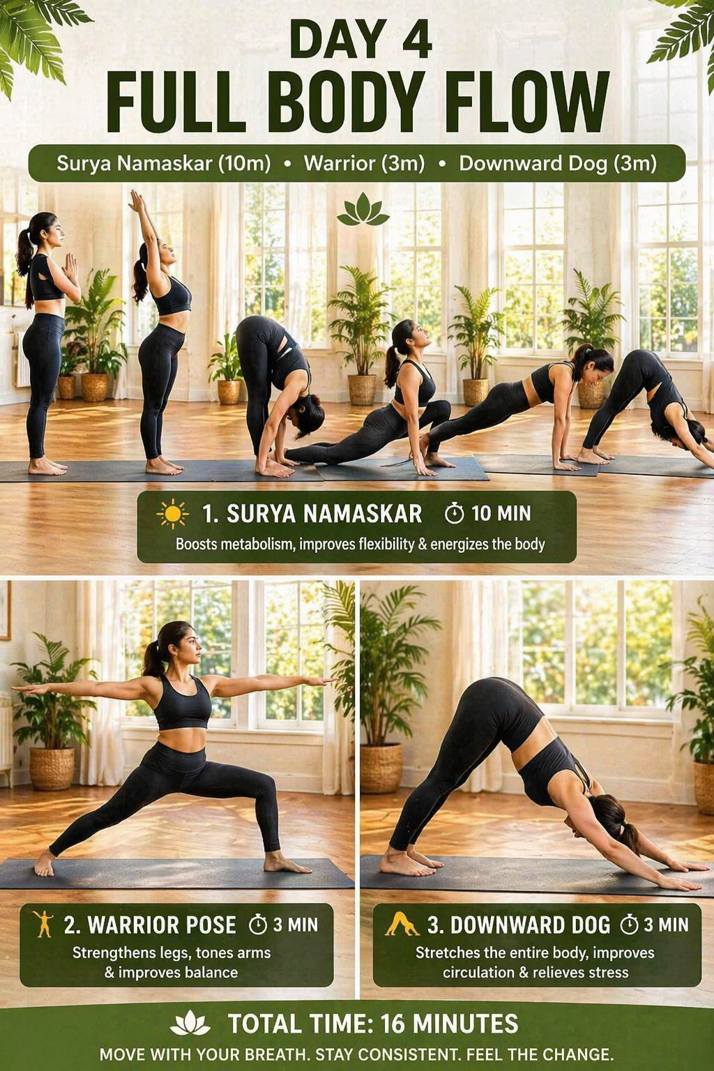 Indian woman doing surya namaskar warrior pose and downward dog yoga flow