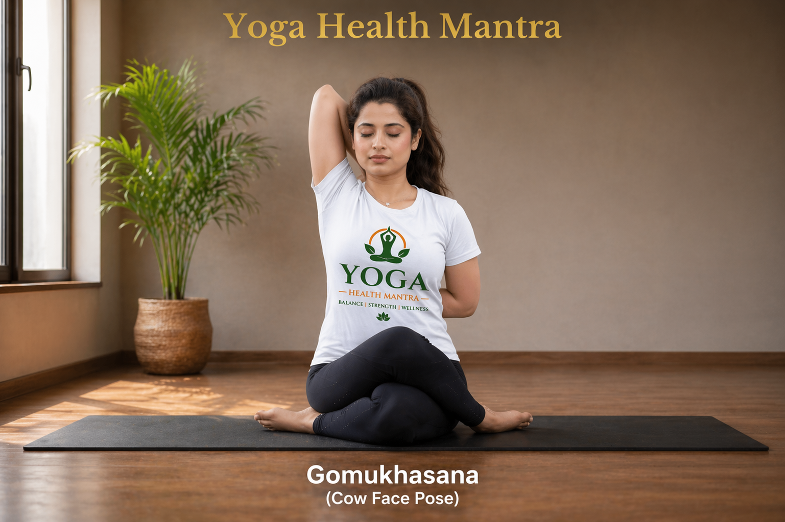 Gomukhasana seated yoga pose stretching shoulders hips and improving posture