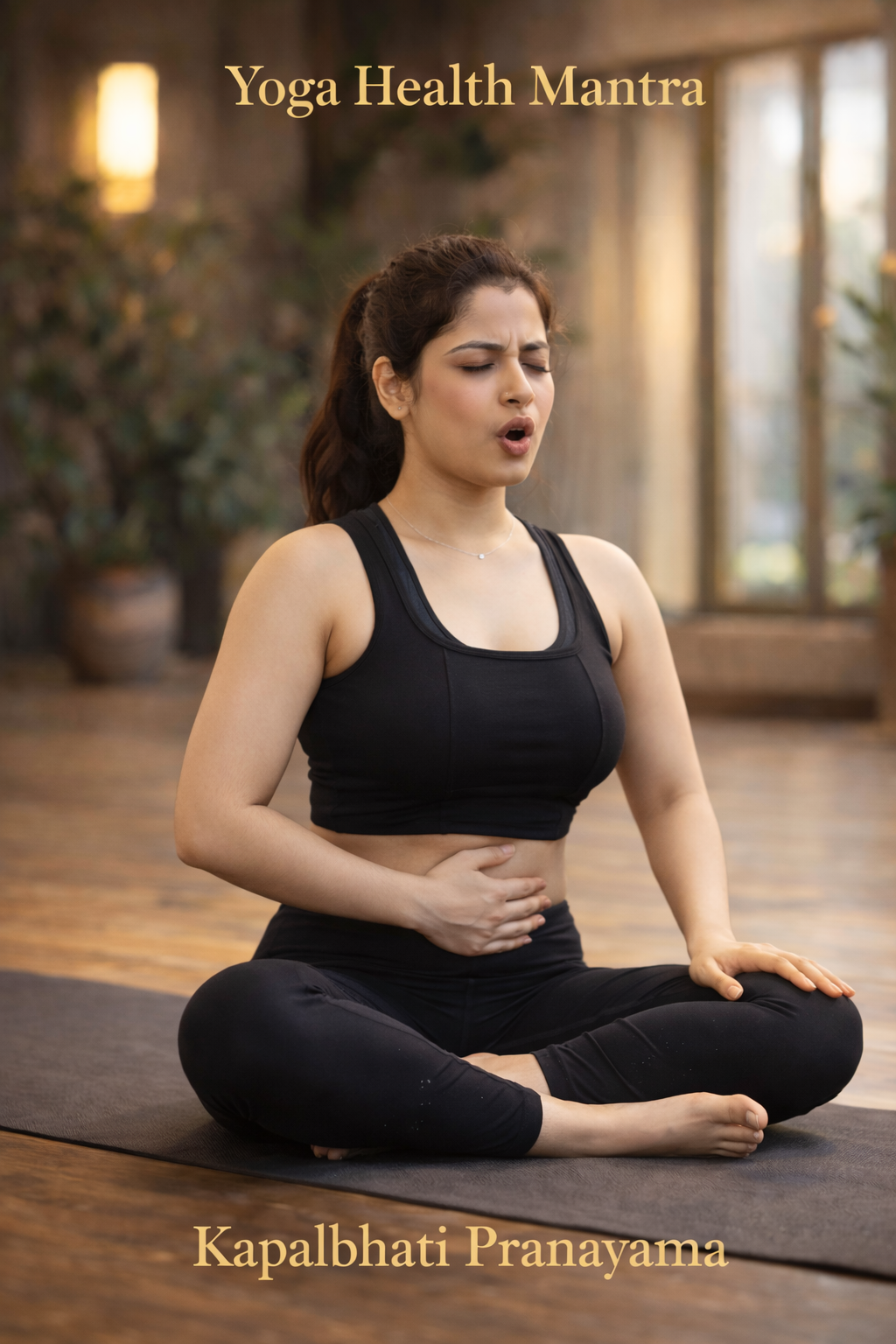 Woman doing Kapalbhati pranayama with active exhalation to improve metabolism and blood sugar control