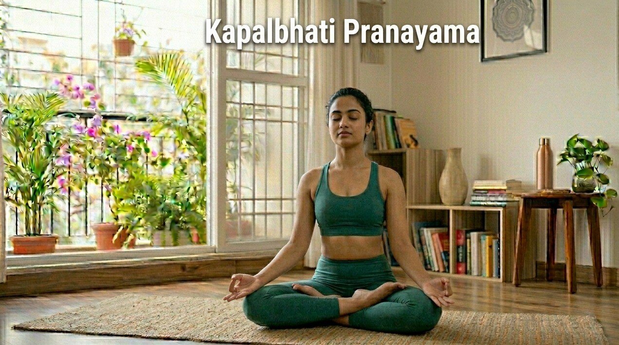 Woman performing Kapalbhati Pranayama breathing exercise
