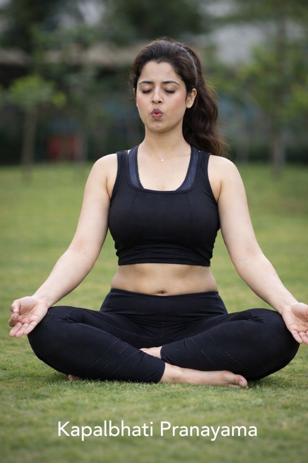 Woman performing forceful exhalation breathing exercise