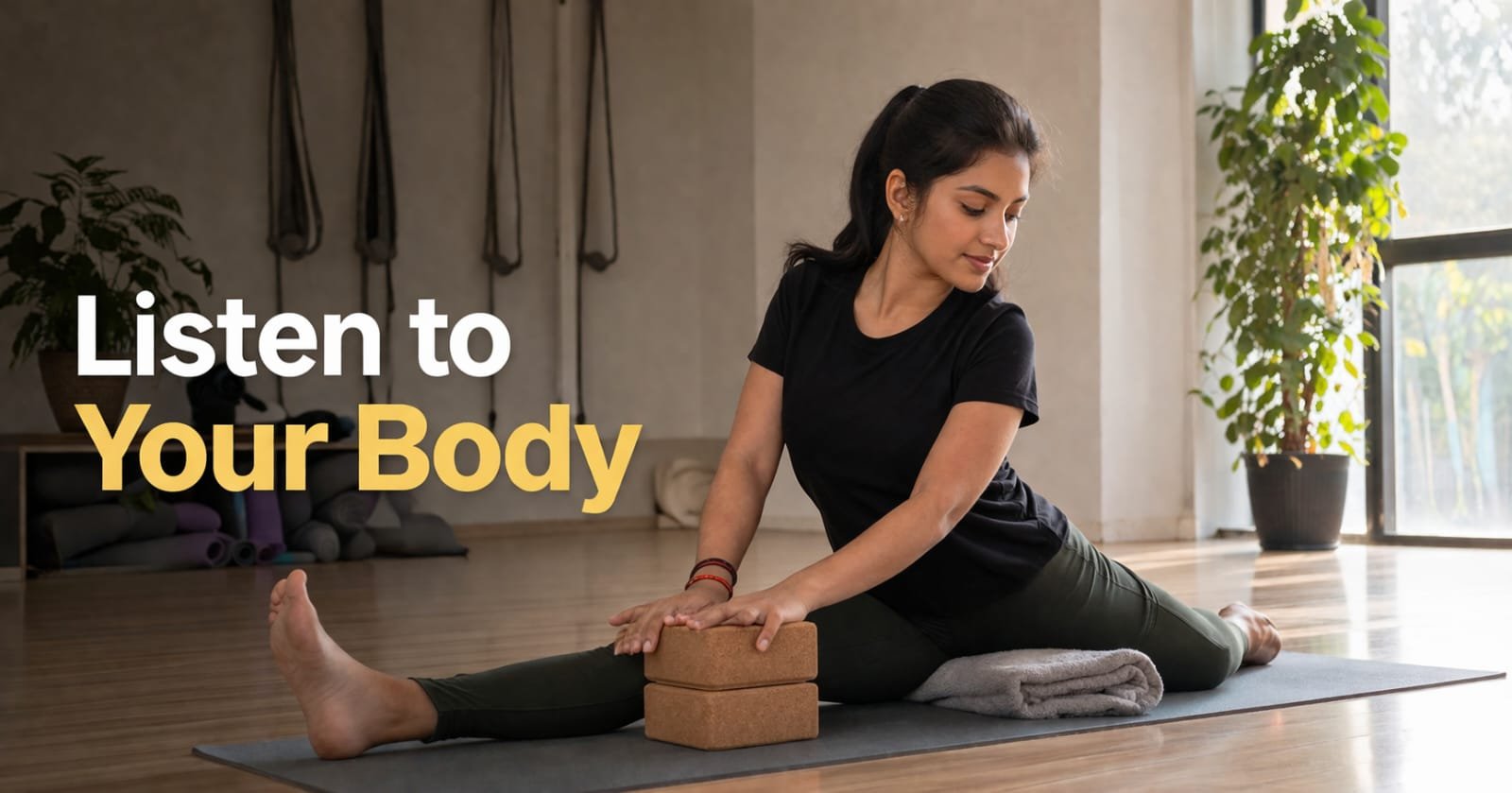 Indian girl adjusting yoga posture with props, indoor studio, text overlay: 'Listen to Your Body