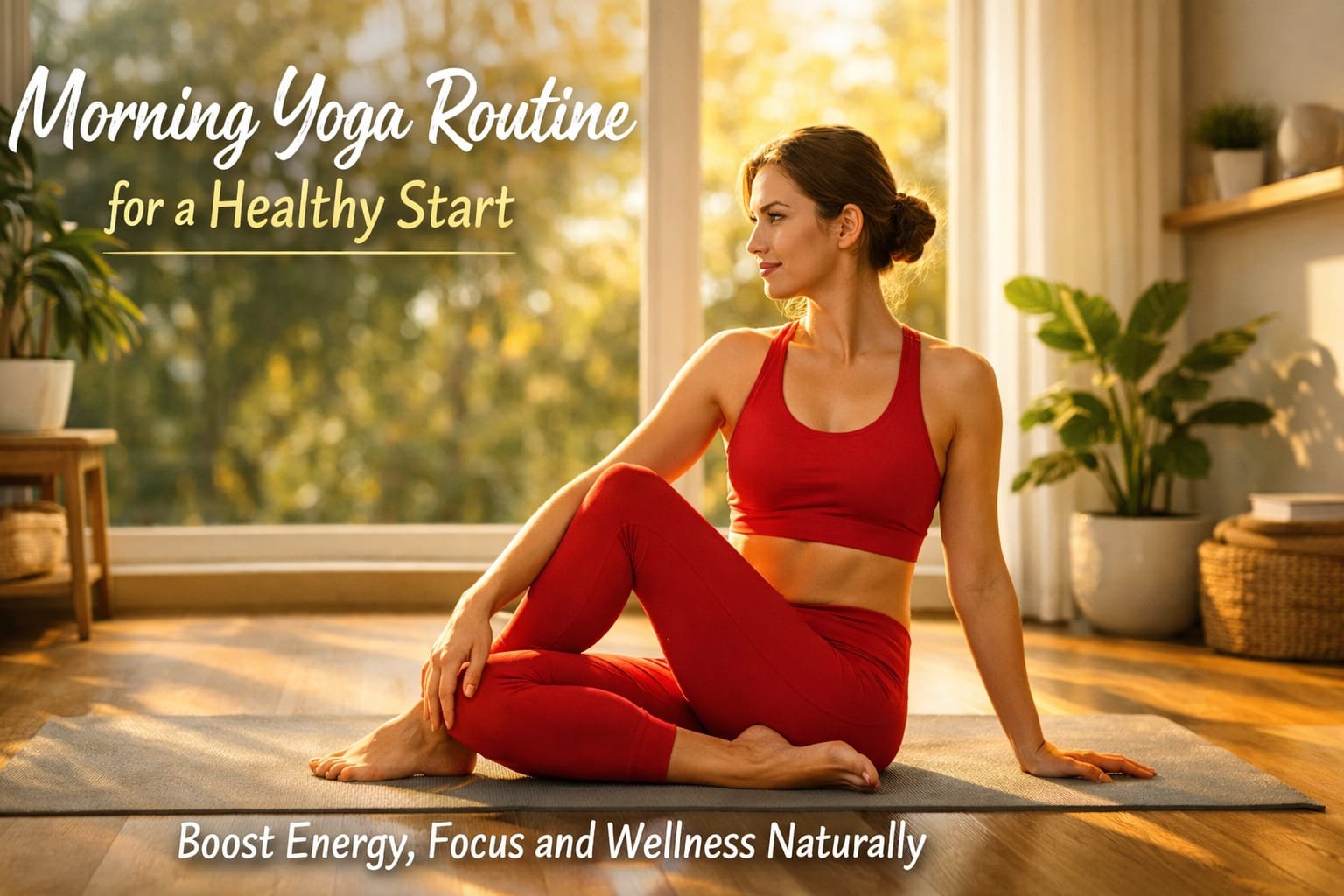 Woman practicing morning yoga near window with sunlight for daily wellness