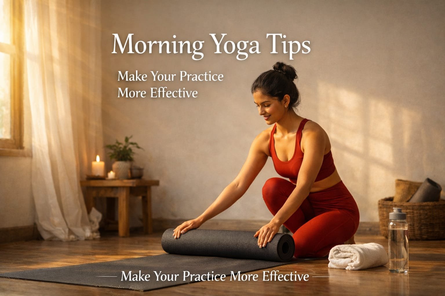 Woman preparing yoga mat and water bottle before morning yoga