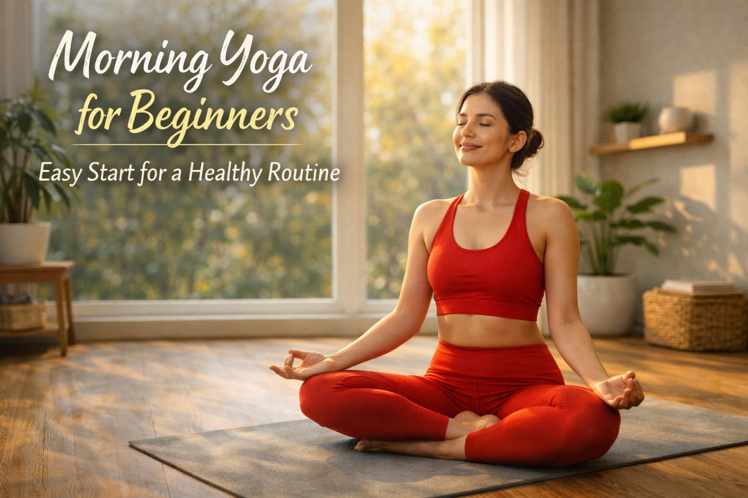 Beginner woman performing simple morning yoga pose indoors
