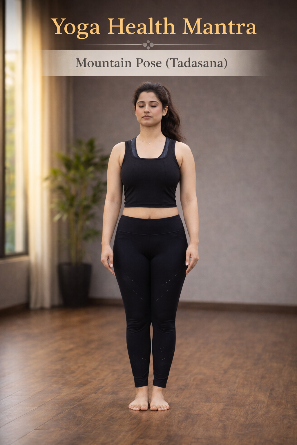 Indian woman standing in Mountain Pose (Tadasana) with proper posture and alignment in yoga studioIndian woman standing in Mountain Pose (Tadasana) with proper posture and alignment in yoga studio
