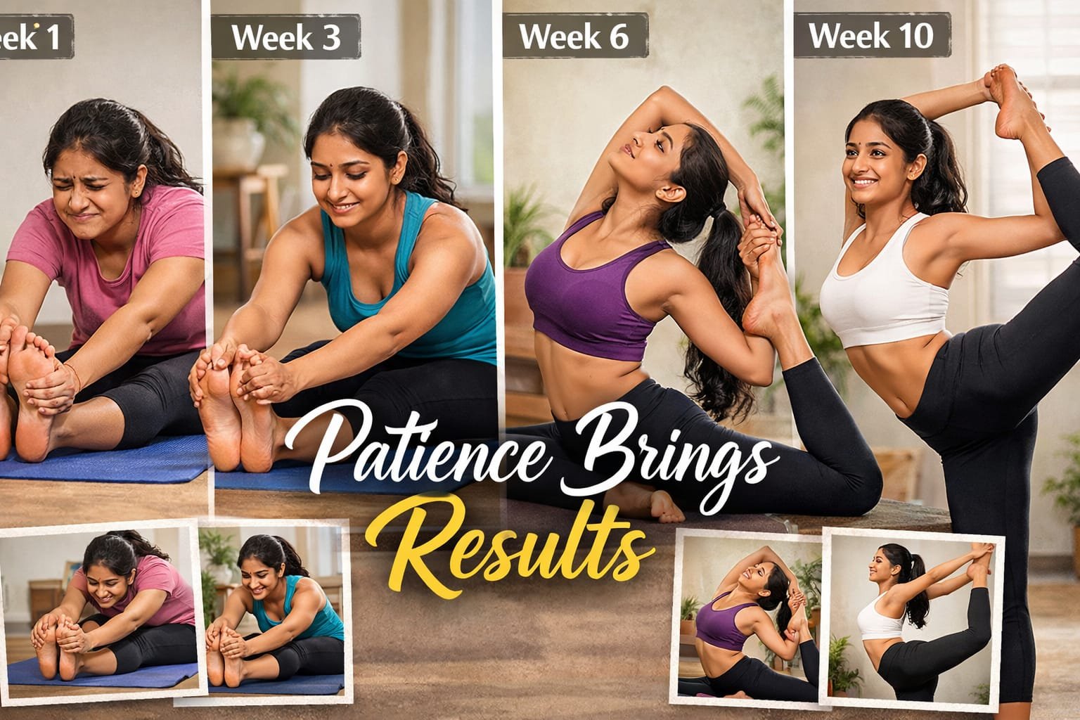 Indian girl beginner showing improvement in yoga poses over weeks, text overlay: 'Patience Brings Results