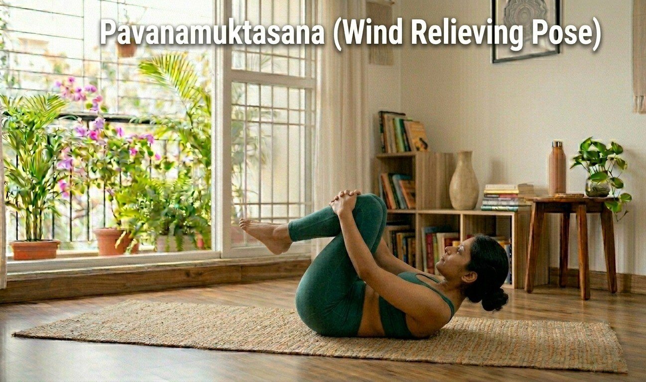 Woman performing Pavanamuktasana holding knees to chest