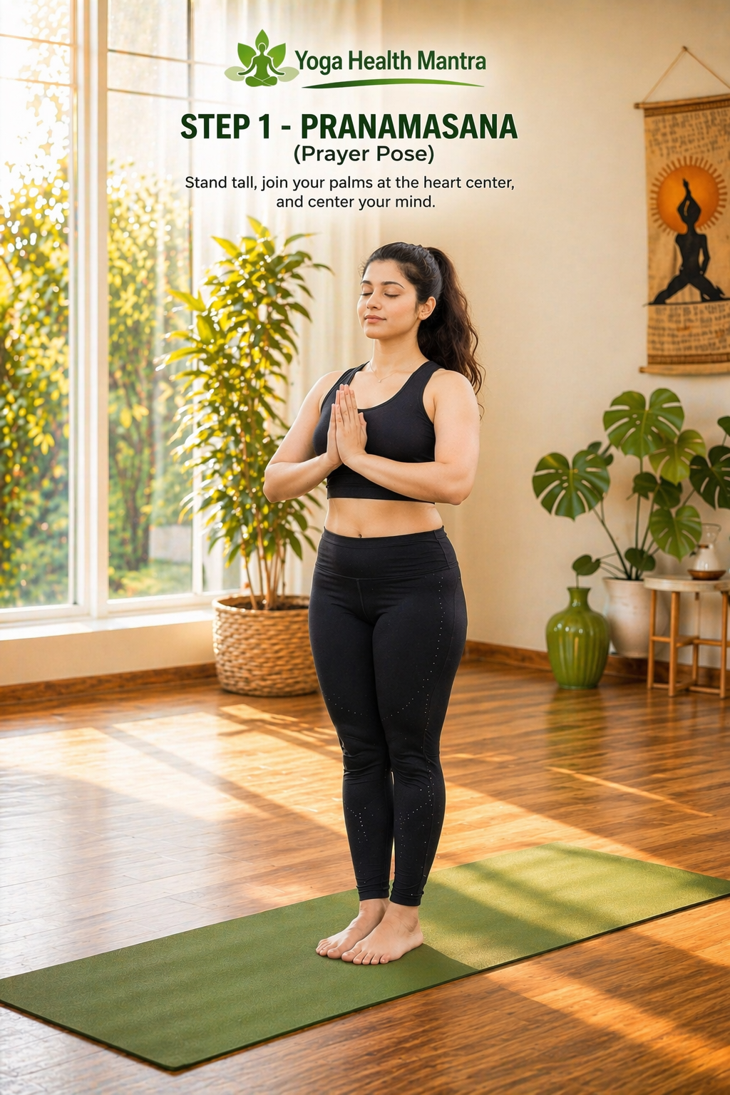 woman performing pranamasana prayer pose in surya namaskar