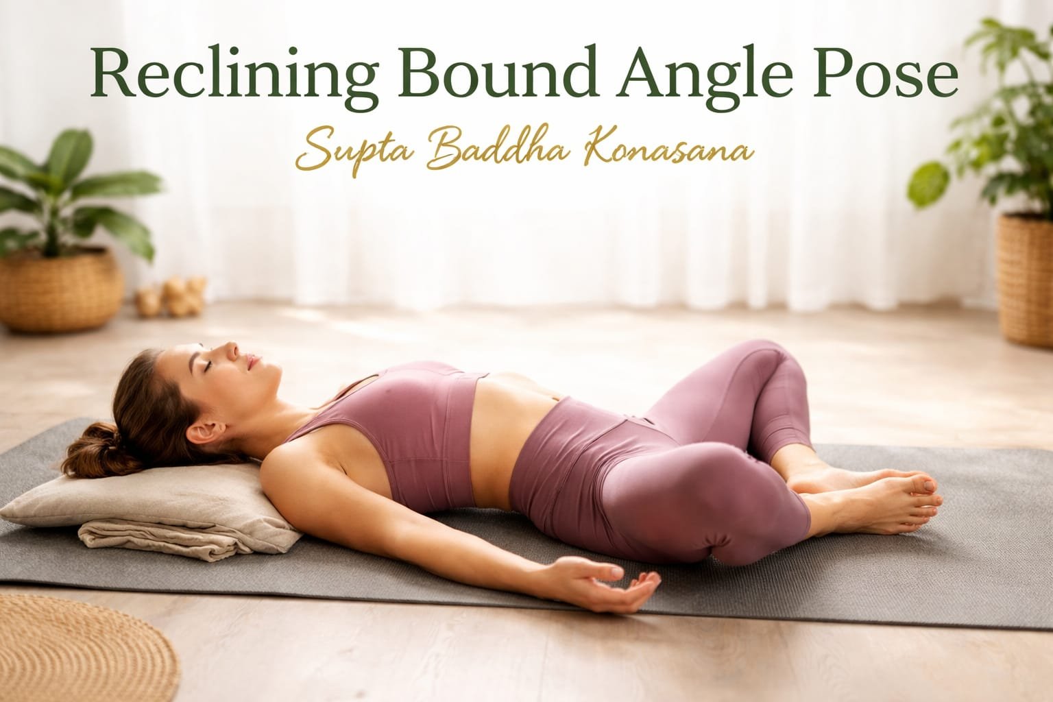 Woman practicing Reclining Bound Angle Pose (Supta Baddha Konasana) on a yoga mat, lying back with soles of feet together and knees open, demonstrating hip opening and relaxation.