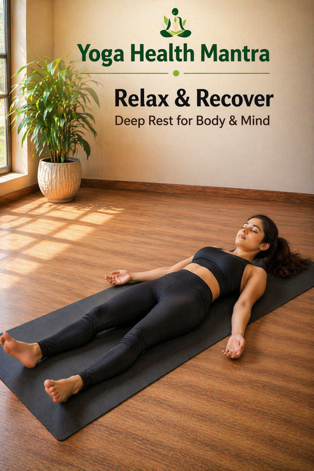 Woman lying in savasana yoga pose for relaxation and recovery