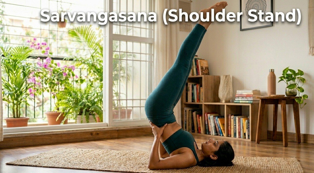 Woman performing Sarvangasana Shoulder Stand yoga pose indoors