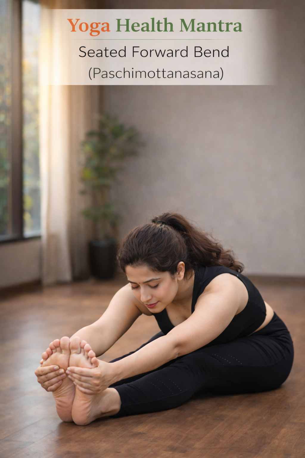 Indian woman performing Seated Forward Bend (Paschimottanasana) in yoga studio with proper posture and flexibility stretch