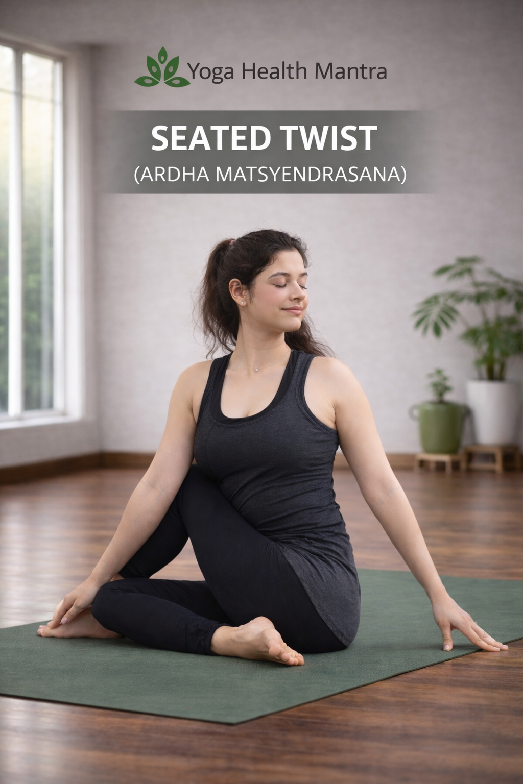 Woman doing seated spinal twist yoga pose for digestion and belly fat