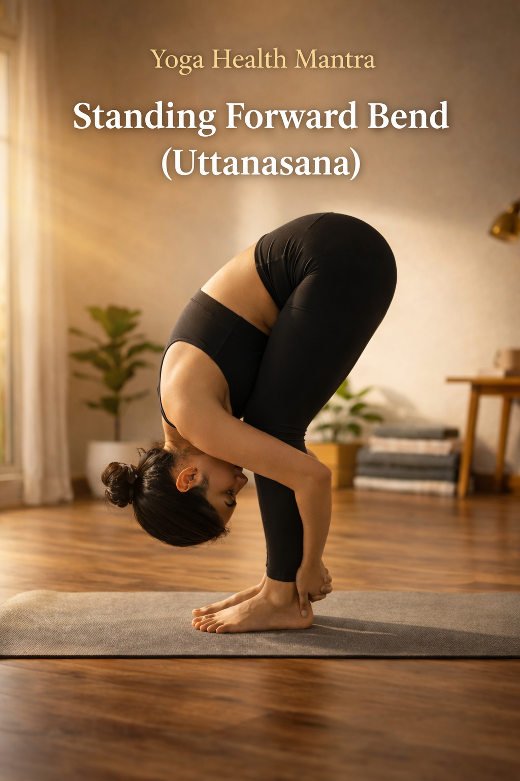 Woman in red outfit performing Standing Forward Bend Uttanasana yoga pose